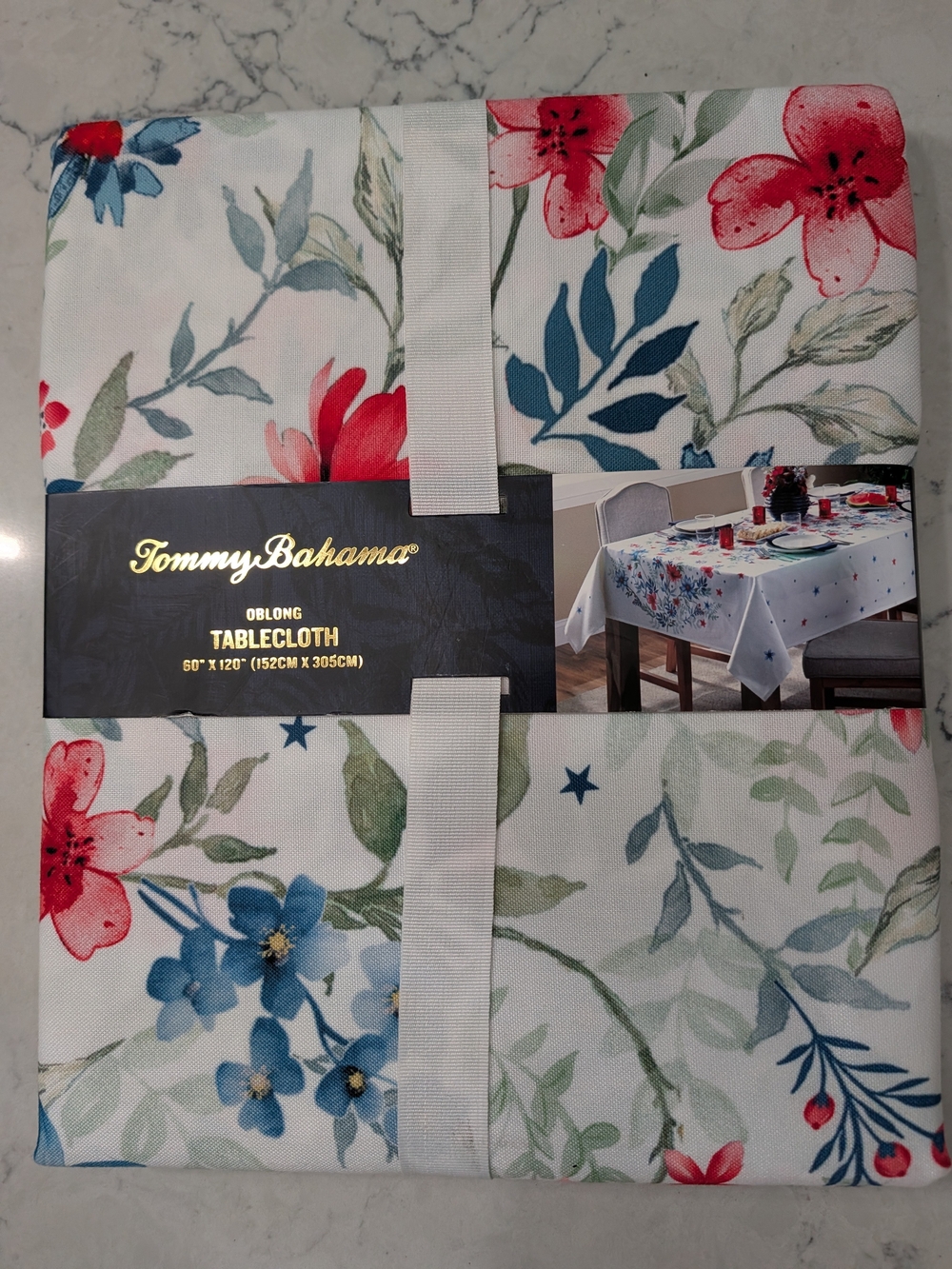 Tommy Bahama White Tablecloth with Blue & Red Floral Print